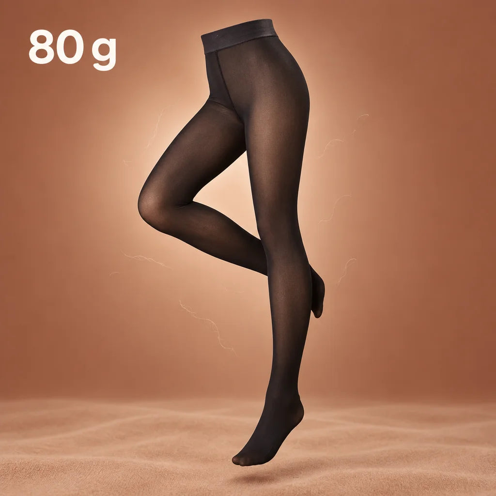 A graphic photograph of one full-foot, high-waisted thermal tight, its dark waistband and close-fitt